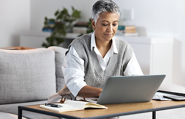 Image showing Laptop, business woman and home office while online typing for communication or networking. Entrepreneur person with internet connection for writing email, planning schedule or website research