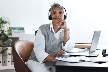 Image showing Call center, laptop and portrait of business woman talking for telemarketing, customer service and contact us. Trust, sales and crm with senior employee at help desk for technical support and email