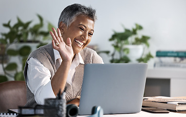 Image showing Business woman, laptop and hand for video call hello while happy about networking communication. Entrepreneur person with internet connection for virtual meeting consultation for advice or proposal