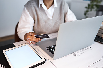 Image showing Business woman, credit card and laptop for ecommerce, finance and investment with tablet mockup. Worker hands, trading and financial payment on computer data, fintech budget or digital online economy