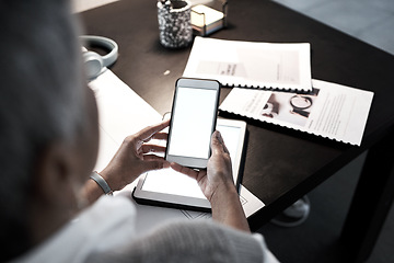 Image showing Mockup, chat and woman reading on a phone screen, communication and email at work. Contact, information and a business employee with a blank mobile for a messaging app, internet and online branding