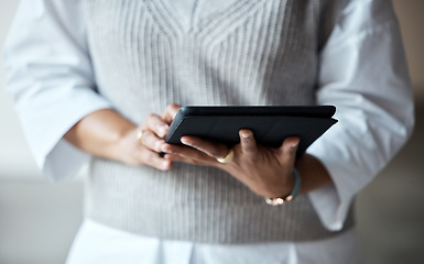 Image showing Tablet, technology and woman hands for website, internet market research or online, email management software. Social media, networking and digital worker or startup user with Web 3.0 for application