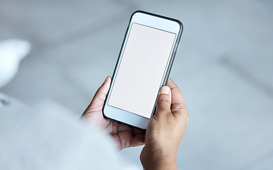 Image showing Mockup, blank and hands of employee with a phone for social media and work contact. Website, connection and business worker reading on a mobile for an app, internet and chat online for communication