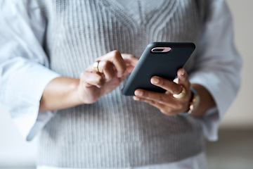 Image showing Phone, woman hands and technology management for business networking, social media or email communication. Professional worker, person or digital internet manager on smartphone, mobile app or chat