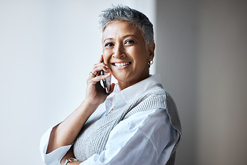 Image showing Senior business woman, phone call and communication with portrait, networking and executive in virtual meeting. Smile, mockup and connection, professional person with negotiation of deal and contact