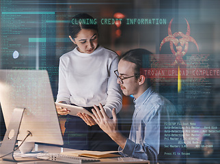 Image showing Cybersecurity overlay, futuristic graphic and computer software database of it workers talking. Tablet, digital data hologram and information technology work of a office team working on web research