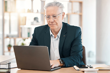 Image showing Computer work, senior man and business data of a employee in a office with accounting research. Digital, finance and online planning of an elderly accountant working with web analytics project