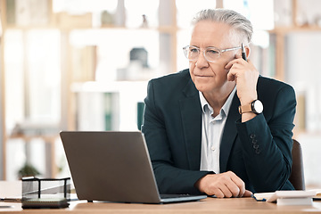 Image showing Senior businessman, laptop and financial advisor thinking at office desk for corporate statistics. Elderly male finance manager or CEO contemplating investment, trade or company goals for marketing