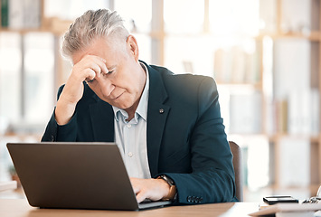 Image showing Stress, laptop and management with a senior man in business feeling anxiety or the pressure of a deadline. Computer, glitch and corporate with a mature male manager working on a review in his office