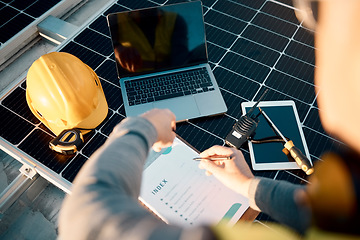 Image showing Engineer, laptop and man with clipboard, planning and update system with manual, hard hat and fix problems. Male employee, business owner and leader with device, maintenance and upgrade solar panels