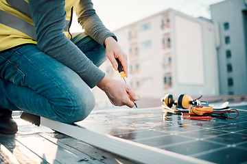 Image showing Solar panel, city and construction worker hands with tools for renewable energy and electricity. Community innovation, roof work and engineering employ install eco friendly and sustainability product