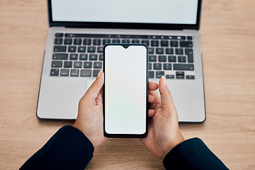 Image showing Top view, mockup and hands with smartphone, screen and connection for internet, digital planning or business deals. Woman, employee or entrepreneur with laptop, zoom or cellphone for typing in office