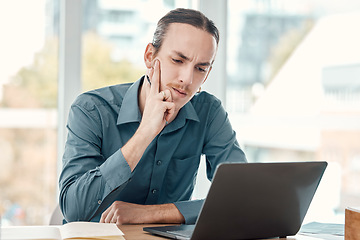 Image showing Business, laptop and man thinking, decision and confusion for deadline, new project and schedule. Corporate, male employee and manager with device, glitch and problems with trading and investment