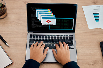 Image showing Error, office and hands typing on a laptop working on a web development or design with a mistake. Technology, glitch and person type on a computer for a tech project in the internet in the workplace.