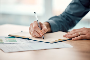 Image showing Writing, notebook and office worker hands of a business woman at a desk working, Schedule planning, research and data job of a creative employee at the workplace busy with company strategy list