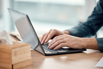 Image showing Closeup, business and hands with laptop, typing and digital planning with online schedule and deadline. Zoom, man and employee with device, connection and search internet for solutions and innovation