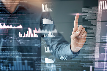 Image showing Man, night and overlay for data analytics by chart, graph and tech innovation for planning in office. Information technology expert, 3d holographic or hand for web design, focus or fintech for budget