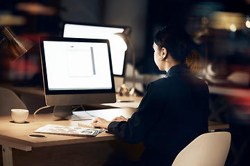 Image showing Office, overtime and woman at computer, developer with data innovation at tech startup. Internet, web design and designer working late at night on future software ideas for technology for company.