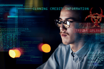 Image showing Cyber security, hacker and night with man and coding for software, digital transformation and phishing. Cloud computing, matrix and website with programmer for password, technology and data hacking