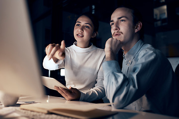 Image showing Computer, teamwork and people night office for information technology, programming and software development. Programmer, coding and cybersecurity analytics woman with partner on pc strategy in dark