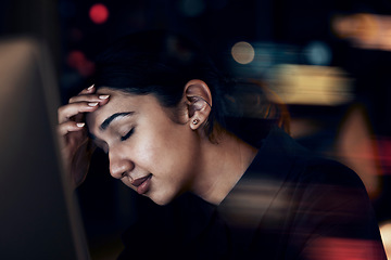 Image showing Stress, headache and business woman at night working on computer for project, report and strategy deadline. Burnout, mental health and female worker in dark office frustrated, tired and overworked