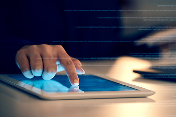 Image showing Hand, tablet and overlay in night at office for research, analysis and web design at desk for tech innovation. Man, mobile touchscreen and iot with 3d holographic ux, search and typing for website ui