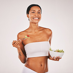 Image showing Health, portrait or woman with a salad in studio for a healthy meal, nutrition diet or digestion benefits. Body goals, lose weight or happy female model eating food isolated on a white background