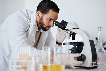 Image showing Science, microscope and research with a doctor man at work in a laboratory for innovation or development. Medical, analytics and biotechnology with a male scientist working in a lab for breakthrough