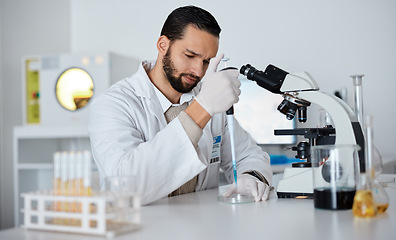 Image showing Science, man and pipette for research, laboratory and experiment for breakthrough, focus and healthcare. Researcher, male and scientist with sample, vaccine and glass equipment for healthcare or cure