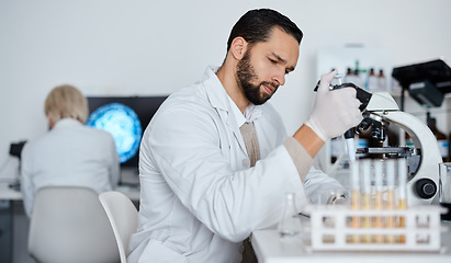 Image showing Scientist, man and research in laboratory with dropper, test tubes and medical investigation. Expert science worker, dna genetics and healthcare vaccine for medicine, innovation and pharma analytics