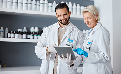 Image showing Science, research and teamwork in laboratory with tablet for test results, medical report and analytics. Pharmacy, biotechnology and scientists with digital tech for study, data analysis and review