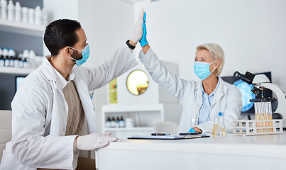 Image showing Science, man and woman with high five, mask and breakthrough with positive results, test and cure in lab. Research, male scientist and female research with face cover, gesture for success or teamwork