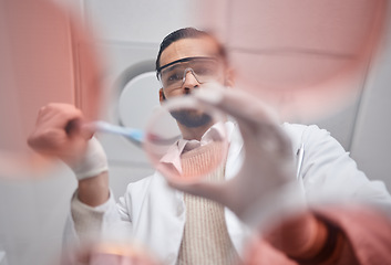 Image showing Scientist, petri dish and pharma worker man working on science research in a laboratory. Medical container, study and thinking of a pharmaceutical solution of a lab employee with hospital data