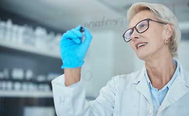 Image showing Science, research and woman writing on glass in lab, innovation, formula and analytics. Scientist in laboratory with ideas, planning and strategy with vision in future vaccine manufacturing data.