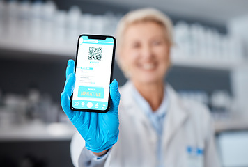 Image showing Phone, screen and doctor woman with QR code for drugs test results, compliance and safety in laboratory. Smartphone, mobile app ux and negative feedback for online scientist or science data review