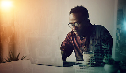 Image showing Black man, laptop and night with overlay, analysis or reading for web design, website ux or screen. Information technology expert, technician or computer with 3d holographic for vision, ui and coding