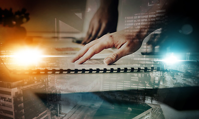 Image showing Document, planning and hands with city overlay or double exposure for engineering project management. Teamwork, analysis and review of paperwork or portfolio for urban buildings, development strategy