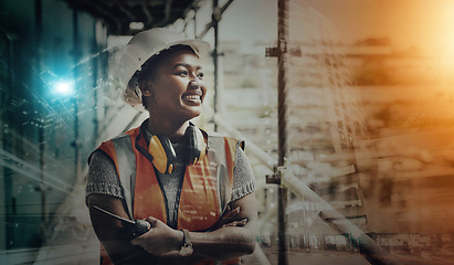 Image showing Construction, black woman and leadership at work site, helmet for safety with communication device. Architecture, contractor and double exposure, building industry overlay and engineer with mockup