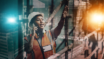 Image showing Construction worker, phone call and woman inspection, building development and city overlay in night light. Civil engineering, mechanic contractor or black person on smartphone for industrial work