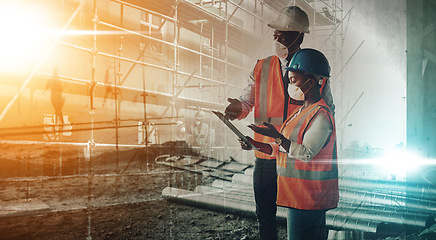 Image showing Construction worker, people and face mask with inspection documents for building development of project manager. Civil engineering, paperwork checklist and night lights for planning covid strategy