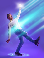 Image showing Virtual reality, man in action and digital overlay for cyberpunk metaverse, gaming user experience and scifi in studio. Software, future and gamer person isolated on a purple background with 3d dance