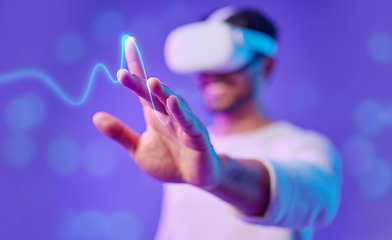 Image showing Metaverse, hand and virtual reality, man and screen touch, futuristic and technology innovation in studio. Digital simulation, ux and gaming, cyber tech overlay and vr goggles on purple background