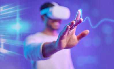 Image showing Metaverse, hand and vr, man and screen touch, futuristic and technology innovation in studio. Digital simulation, ux and gaming, cyber tech overlay and virtual reality goggles on purple background