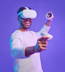 Image showing Metaverse, virtual reality glasses and a man with vr control futuristic gaming, cyber and 3d world. Gamer person with controller in hand for ar, digital experience and cyberpunk purple background app