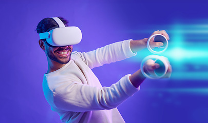 Image showing Virtual reality headset, metaverse and man fight for futuristic gaming, cyber and 3d world. Gamer person with hand for ar overlay, digital experience and creative cyberpunk purple background app