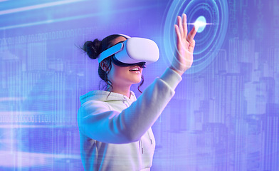 Image showing Virtual reality glasses, woman and hologram for games, esports and UI user with futuristic ideas, metaverse and activity with overlay. Vr, female gamer and lady with holograph, innovation and playful