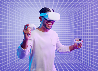 Image showing Futuristic, gaming or man in metaverse on purple background with hand vr controllers in neon studio. Wow, virtual reality user or happy fantasy gamer person in cyber 3d ai digital scifi experience