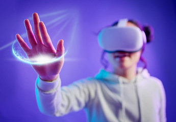 Image showing Metaverse, virtual reality and a woman with vr glasses for futuristic gaming, cyber and 3d world. Gamer person with hand for ar light, digital experience and creative cyberpunk purple background app