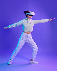 Image showing Woman, metaverse and virtual reality glasses for futuristic gaming, cyber and digital world. Gamer person with hands for ar body balance, 3d experience and creative cyberpunk purple background app