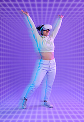 Image showing Future, dance or woman in vr or metaverse on purple background gaming, cyberpunk or scifi on digital overlay. Dancing, virtual reality user or happy fantasy gamer person in 3d experience in studio